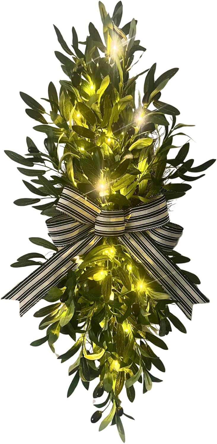 Svndlyn 26 Inch Lighted Olive Leaf Swag with Timer and Striped Bow